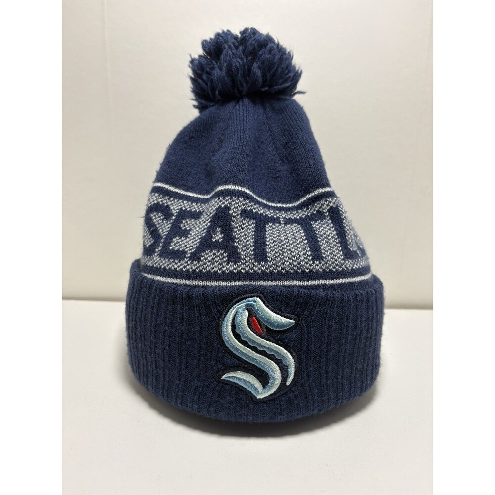 Seattle Kraken Cuffed Knit Winter Beanie Hat Cap Pom Navy Blue NHL Hockey